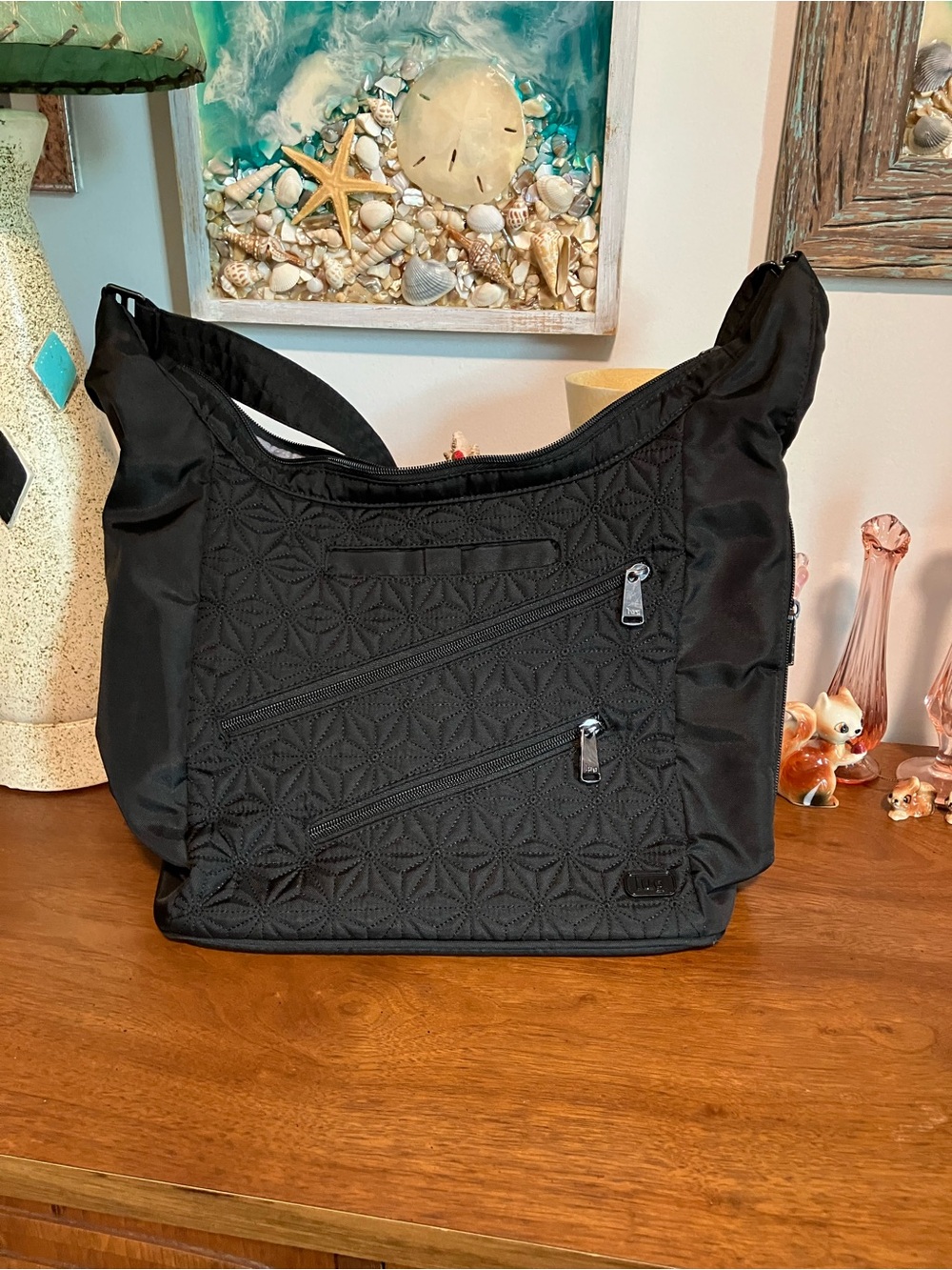 Lug Jamboree Crossbody Bag Black Quilted Geometric Hobo Shoulder Bag Adjustable